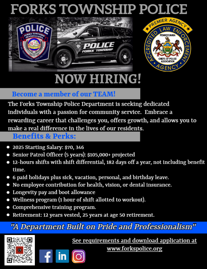 Now Hiring Flyer for Forks Township Police